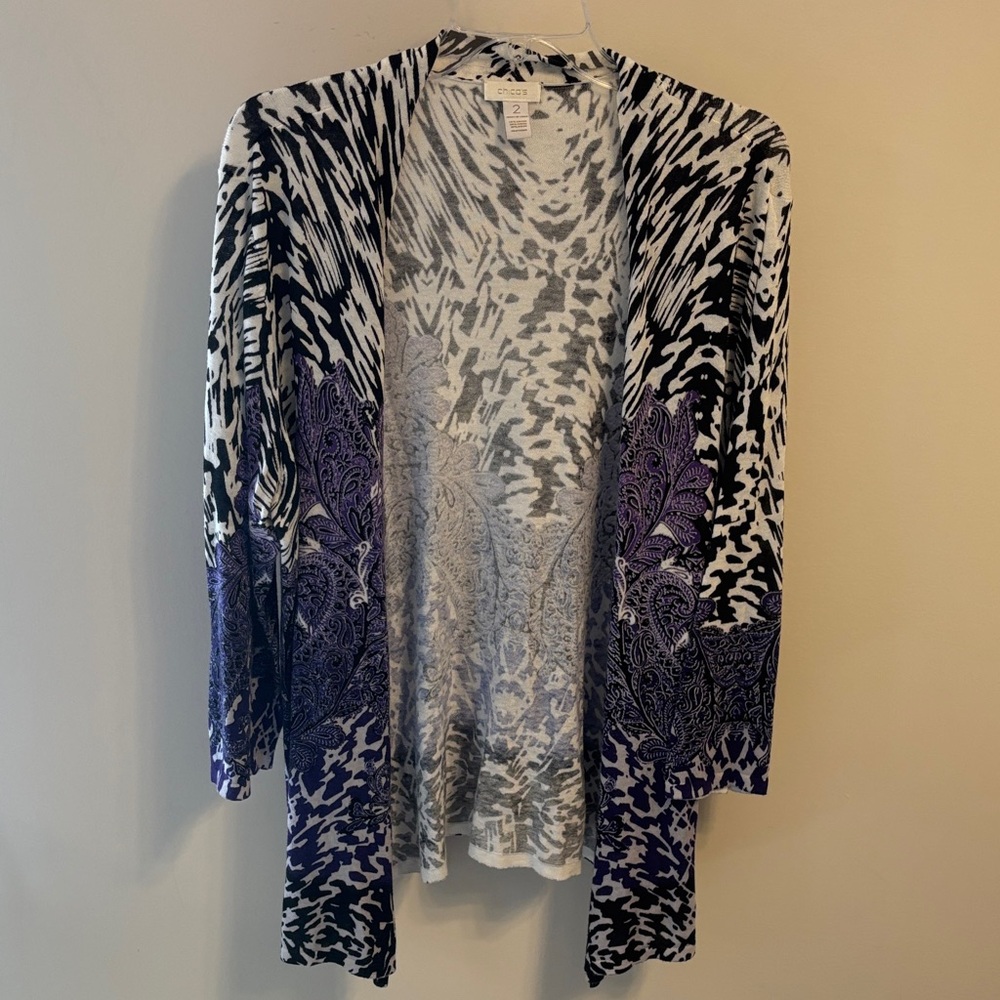 Chico's Black, White & Purple Open-Front Cardigan - Picture 4 of 6